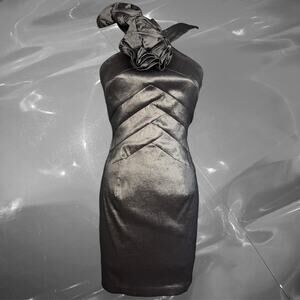 Y2K Metallic Silver Bronze One Shoulder Rosette Cocktail Dress Size 6
